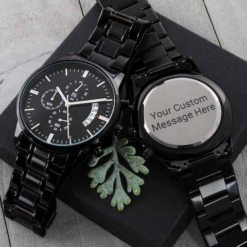 Customizable Black Chronograph Men's Watch - Add Your Message!